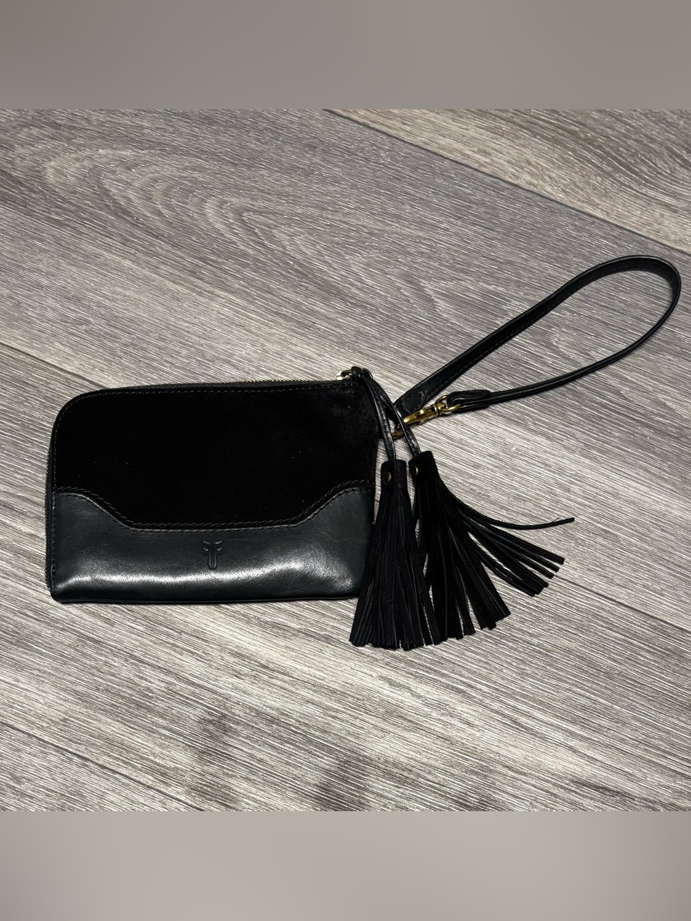 Frye Black Leather & Suede Wristlet Clutch with Tassel